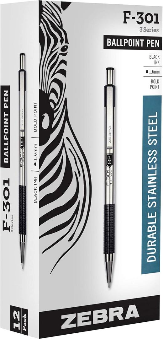 Zebra Pen F-301 Retractable Ballpoint Pen, Stainless Steel Barrel, Bold Point, 1.6mm, Black Ink, 12-Pack Zebra Pen F-301 Retractable Ballpoint Pen, Stainless Steel Barrel, Bold Point, 1.6mm, Black Ink, 12-Pack