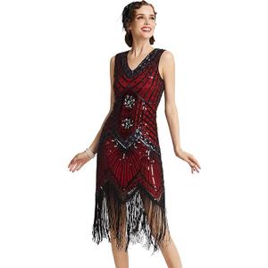 BABEYOND Women's Flapper Dresses 1920s V Neck Beaded Fringed Great Gatsby Dress, Size S