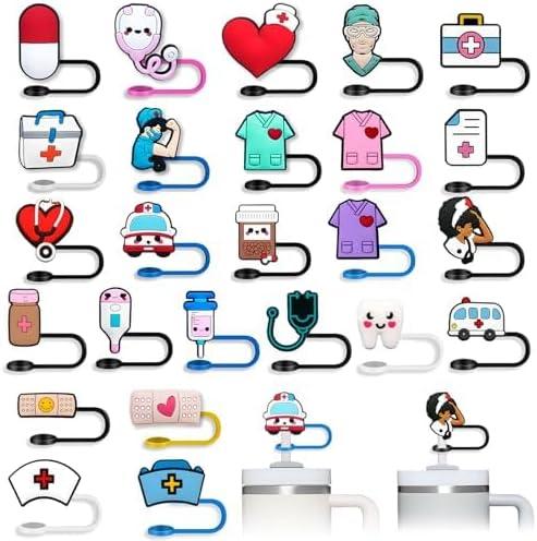 Nurse Straw Toppers for Stanley Cup 30&40 Oz, Tumbler, Water Bottle Silicone Straw Covers Fit 9-11 mm Reusable Straws, Cute Nurse Gifts (Nursing-50PCS)