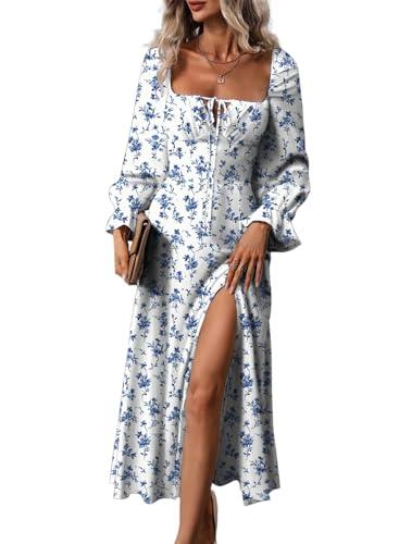 BLENCOT Womens Casual Square Neck Long Sleeve Boho Floral Midi Dress Print Side Split Dresses (Medium,White)