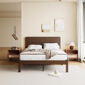 14 Inch High Solid Bamboo Wood Full Size Bed Frame with Headboard, Heavy Duty Metal Slat Support, No Box Spring Needed, Easy Assembly