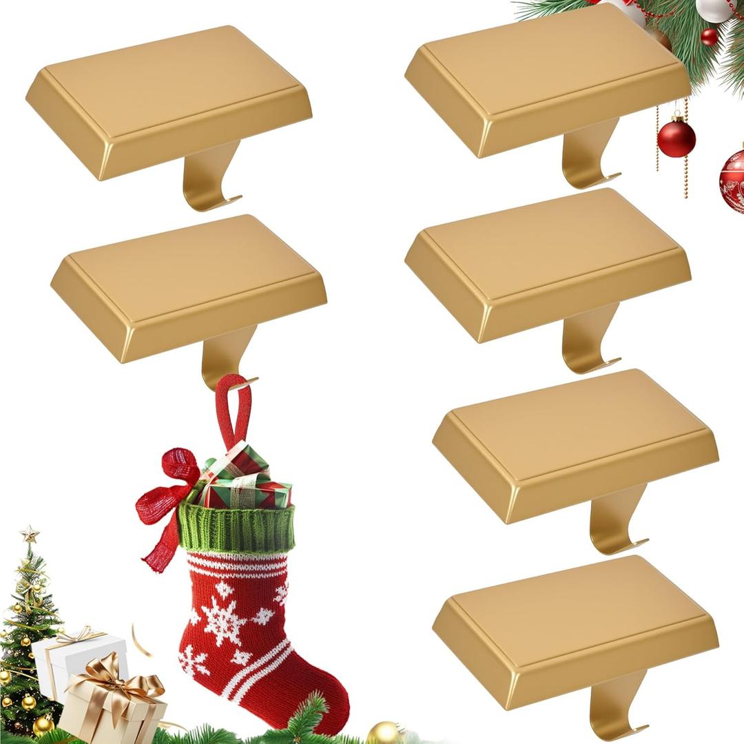 Octaplay Christmas Stocking Holders for Mantle 6 Pack, Heavy Duty Alloy Fireplace Stocking Hooks, Non-Slip Base Stocking Hangers for Xmas Holiday Decorations, Christmas Decor Hooks for Home (Gold)