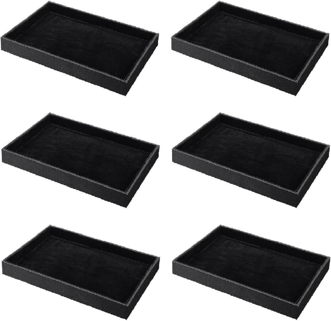 Quelay Pack of 6 Velvet Stackable Jewelry Tray Showcase Display, Jewelry Organizer Tray Bracelet Ring Earring Necklace Organizer Empty Plate for Drawers Countertop (Black)