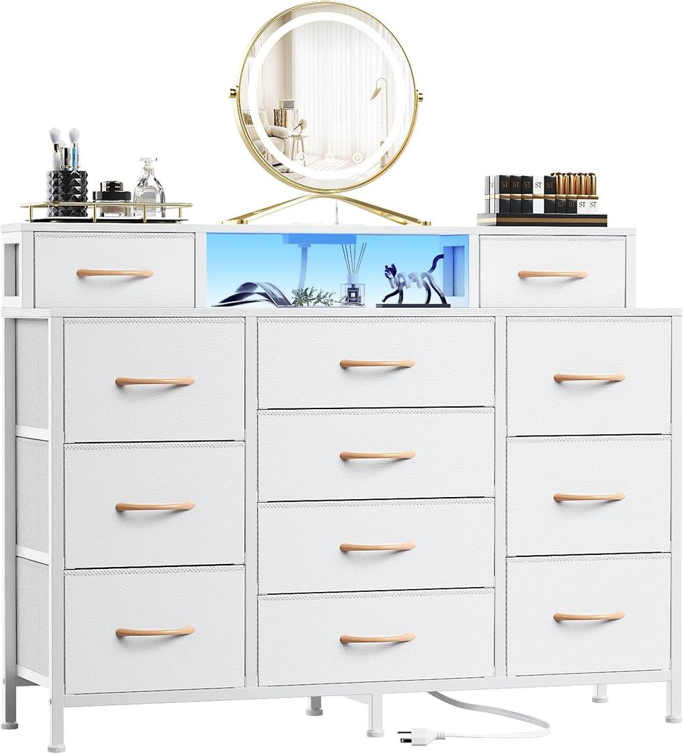 Furnulem White Dresser for Bedroom with LED Lights & Charging Station,47" Long Chests with 12 Fabric Storage Drawers,Wide Vanity Dressers Furniture for Closet,Entryway,2 Shelves Wood Top,Metal Frame