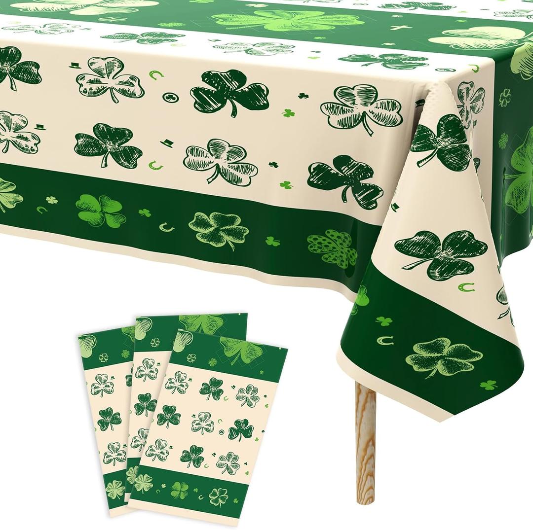 Tbsone St Patricks Day Disposable Rectangle Plastic Tablecloth - 3 Pack, Green Shamrock Theme Table Cloth, Irish Festival St. Patrick's Day Party Decorations Supplies (54 x 108 Inches)
