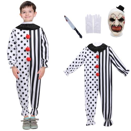 Hqroidd 4PCS Kids Scary Clown Costumes, Killer Clown Jumpsuit Outfits with Mask Knife Gloves Halloween Props (Jumpsuit, S)