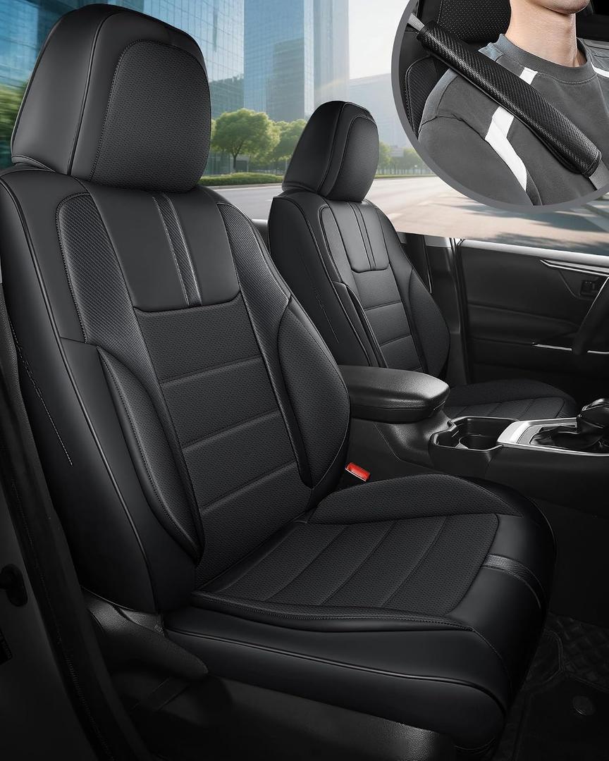 FREESOO Black Car Seat Covers Full Set - Faux Nappa Leather Seat Covers for Cars, with Front Seatbelt Pads, Waterproof Breathable Cushion Protectors Fit for Most 5 Seats Automative Sedans SUV Trucks