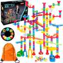 Meland Marble Run - 208Pcs Marble Maze Game Building Toy for Kids, Marble Track Race Set & STEM Learning Toy Gift for Boy Girl Age 4 5 6 7 8 9+(142 Pcs + 60 Glass + 5 Led Lighted Marbles)
