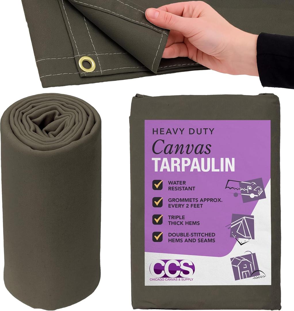 CCS Waterproof Canvas Tarp Cover (21oz)  Heavy Duty Duck Cloth, Waxed Canvas Tarpaulin with Rustproof Brass Grommets for Camping, Construction, Equipment & Outdoor Use (Olive Drab,8x10 Ft)