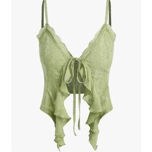 CIDER Going Out Tops for Women Y2K Tie Front Asymmetrical Ruffle Hem Lace Spaghetti Strap Cowgirl Crop Tops, Size L