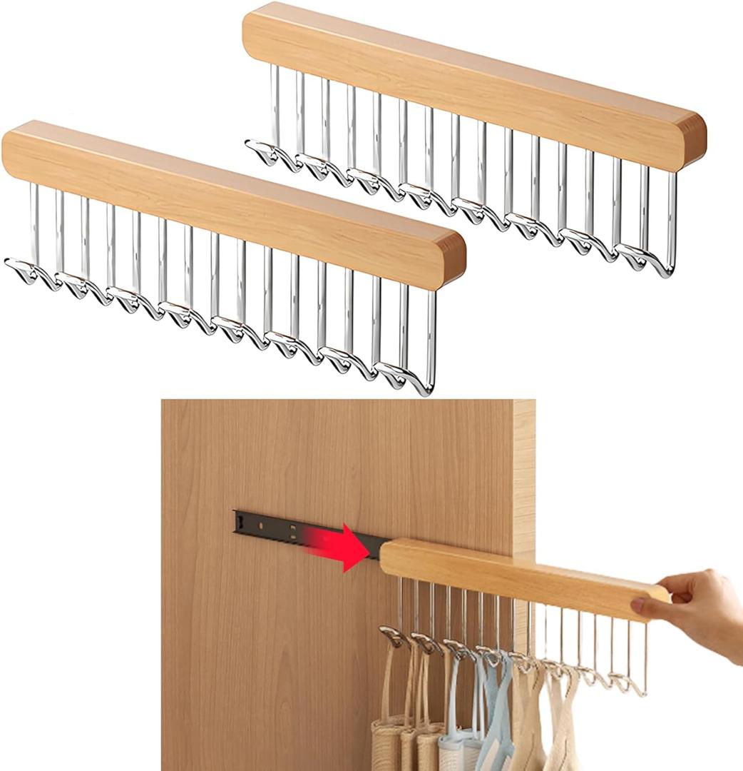 2 Pack Pull Out Closet Hanger with 8 Hooks,Valet Rod for Closet Pull Out,Sliding Side Mount Clothes Rack for Ties,Belts, Scarves,Space Saving Organizer,Pants Hooks for Jeans (Right-Pull)