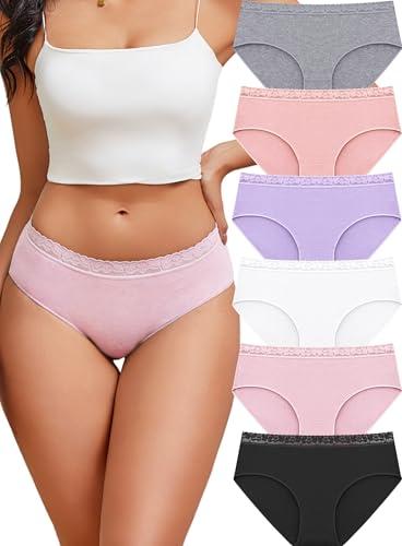 READY TO LOVE Cotton Underwear for Women 6 Pack Bikini Sexy Full Coverage Panties Lace Waistband Ladies Hipster L