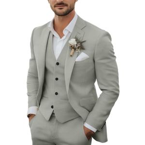 Men's 3 Piece Linen Suits Casual Lightweight Blazer Jackets Vest Pants Set for Wedding Business Prom Suit, XL