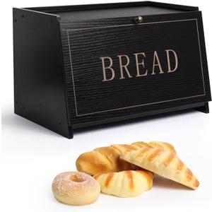 Bread Box for Kitchen Countertop, Large Capacity Bread Storage Container for Homemade Bread, Wooden Bread Holder Bread Bin for Kitchen Counter Corner, Cabinet, Pantry, Cupboard (Black)
