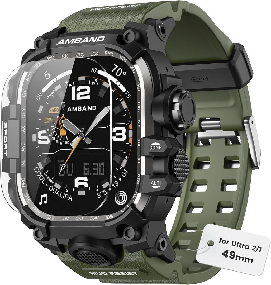 amBand for Apple Watch Ultra 2/1 Case, M3 Tactical Shockproof Band with Screen Protector for iWatch 49mm, Perfect Accessories for Fitness/Outdoor Enthusiasts Military Fans Fashion Seekers - Army Green (49mm - Ultra 2/Ultra, Army Green)