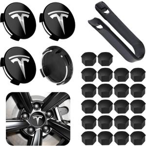 4 Pack Car Wheel Center Hub Cap Kit with 22 Lug Nut Covers, 2.2 in (56mm) Wheel Rim Covers Center Hubcaps with Emblem for Model 3 / Model Y, Black & Silver Exterior Decoration for Tesla