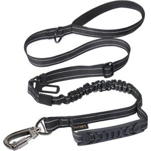 Hotsky Tactical Dog Leash Heavy Duty for Medium Large Dogs that Pull,4-6Ft Strong Bungee Shock Absorbing No Pull Dog Leash with Padded Double Handle and Car Seatbelt,Reflective Black