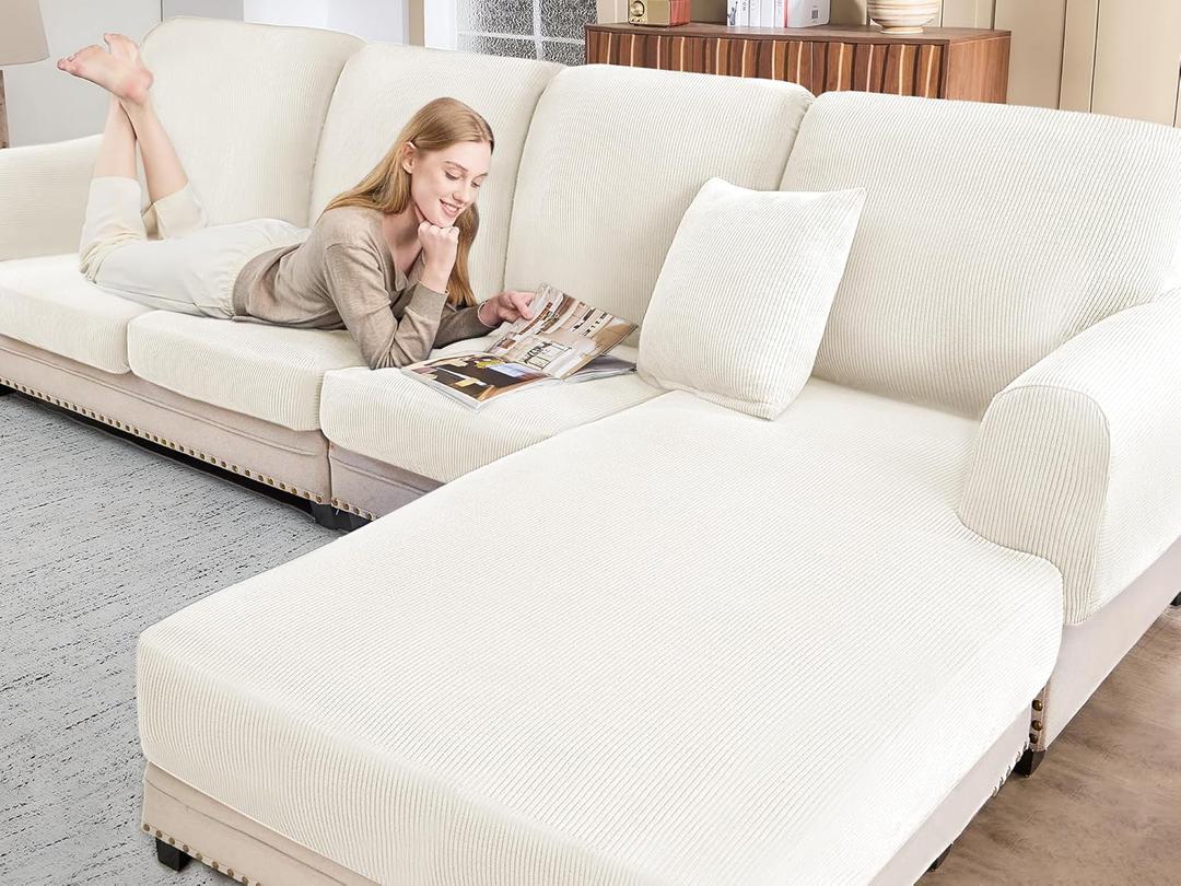 Sectional Couch Covers for Sofa Cushion L Shaped Couch Cover Washable Soft Couch Cushion Covers Stretch Sofa Slipcovers with 2 Pcs Pillowcases(4-Piece 3 Seater + 1 Chaise, White)