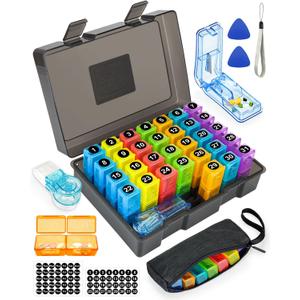 Monthly Pill Organizer 2 Times a Day  Yonlog Large Medicine Box with Weekly Travel Bag, Pill Cutter, Easy-Open Pick, Pill Taker Tool, and 2 Medication Stickers (Black, 2 Times a Day)