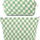 SOIDRAM 2 Pcs Checkered Makeup Bag Large Cosmetic Bag Toiletry Bag Makeup Pouch Travel Bag Organizer Cute Makeup Brushes Aesthetic Accessories Storage Bag for Women Green