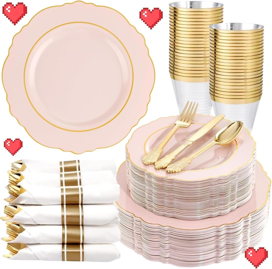 Liacere 350PCS Pink Plates Disposable-PinK Plates 50guest Baroque Plastic Dinnerware include 100Plates, 50Pack Pre Rolled Napkins with Silverware 50Cups Perfect for Valentine's DayGalentines Day