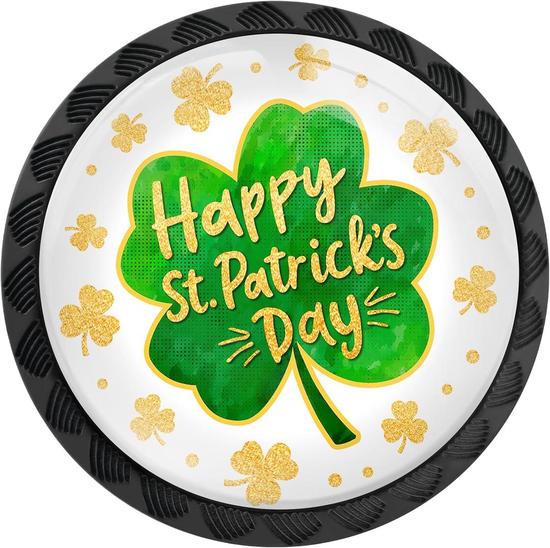 2 x 4 Pack Happy St. Patricks Day Clover Cabinet Knobs Round Drawer Pulls Shamrock Knob Cupboard Door Handles Hardware for Kitchen Bathroom Cabinets