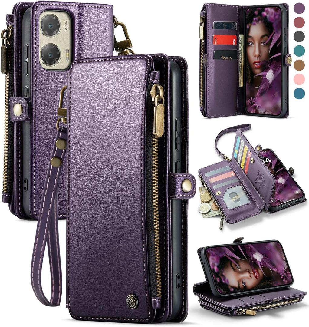 Defencase Compatible with Moto G Stylus 5G 2024 Case, RFID Blocking Wallet Case Compatible for Motorola Moto G Stylus 5G 2024 PU Leather Flip Strap Zipper Card Holder Phone Case for Women, Purple