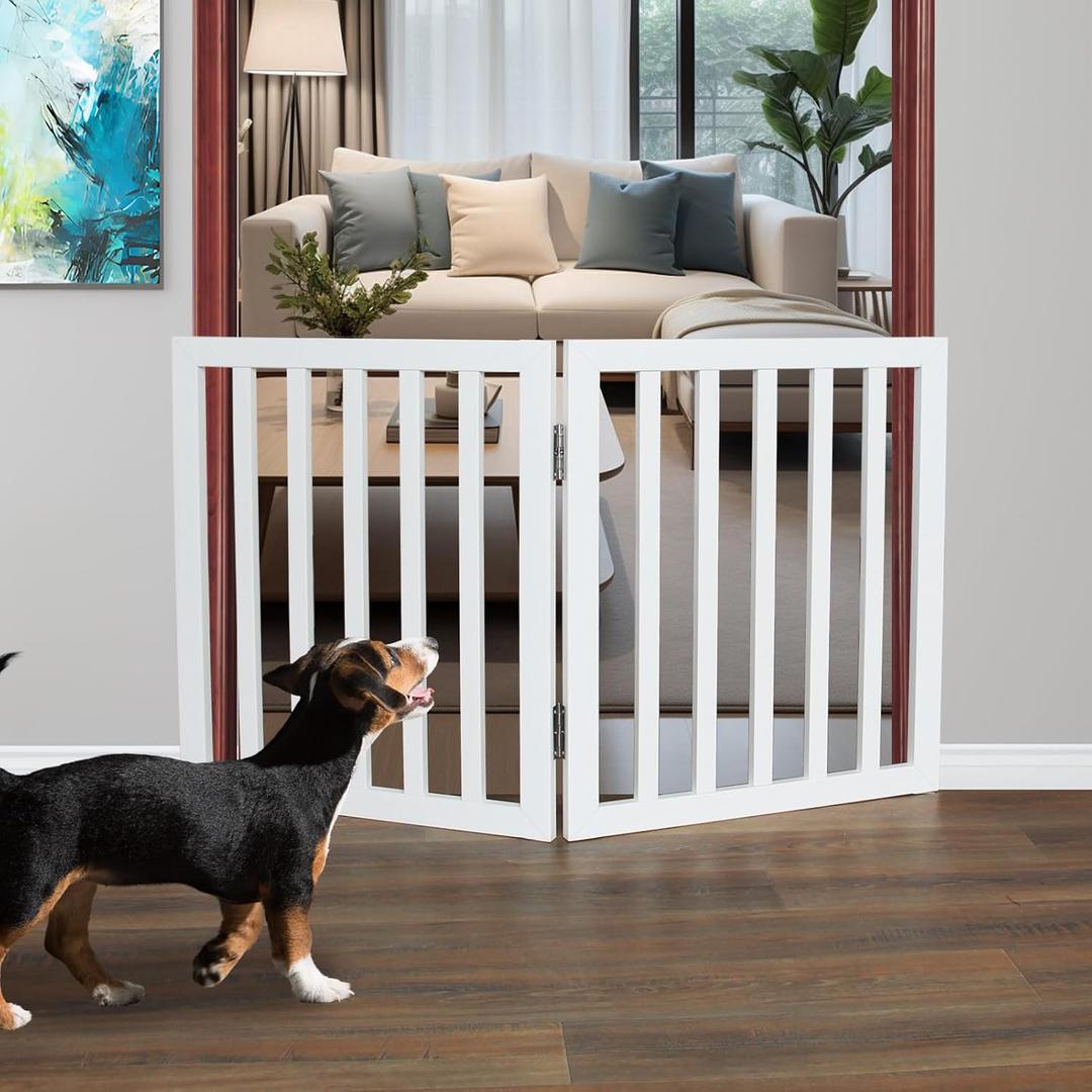 ZJSF Freestanding Indoor Dog Gate for House Foldable Wood White Puppy Gate for Doorways Pet Gate for Stairs Extra Wide Pet Fence 24" Height 2 Panels