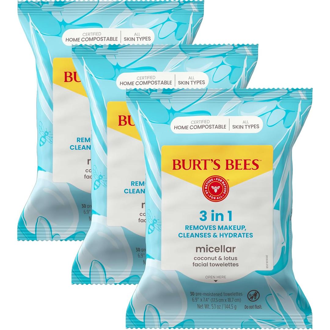 Face Wipes, Burt's Bees Facial Cleansing, Makeup Remover Towelettes, 3 in 1 Hydrating Micellar Cleanser with Coconut & Lotus Water, 90 Count 