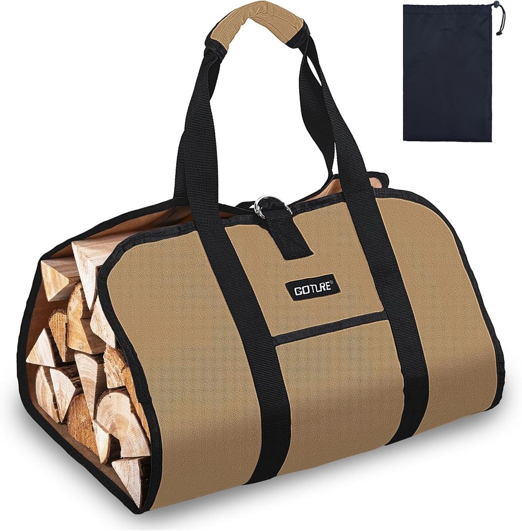 Goture 16oz Waxed Canvas 38.5×18 inch Firewood Carrier Heavy Duty Log Carrier Large Firewood Bag with Open-Side Firewood Storage Tote for Camping Indoor Black with Kindling Bag