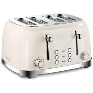 4 Slice Toaster Roter Mond Retro Stainless Steel with Bagel Defrost Cancel Function, 6 Browning Settings, Extre Wide Slot and Removable Crumb Tray, Cream, ST033