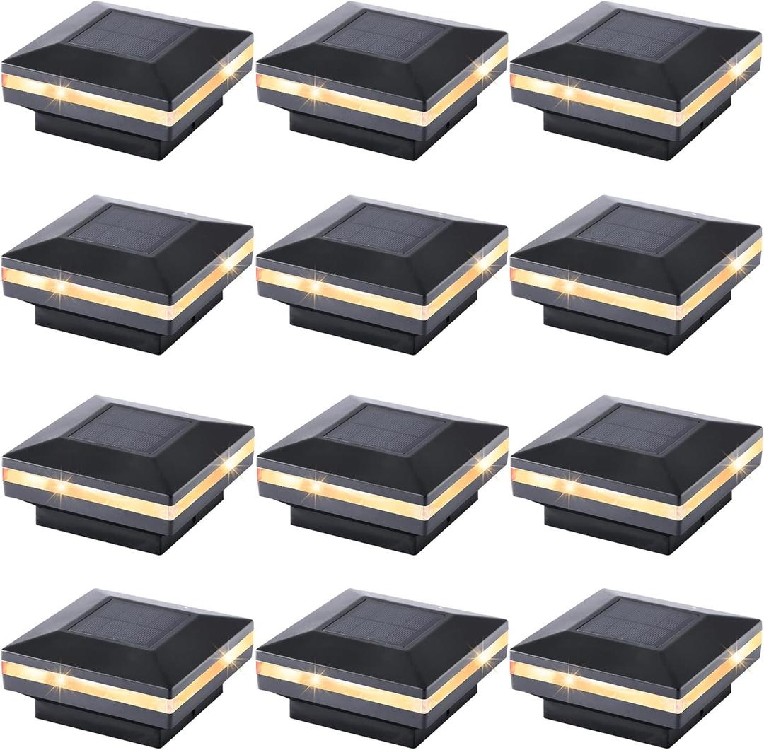 Dynaming 12 Pack Solar Post Lights, Outdoor Solar Powered Decorative Post Cap Light, Black Shell & Warm White LED Lighting for Fence Deck Patio, Only Fit 3.5"x3.5" Wooden Posts