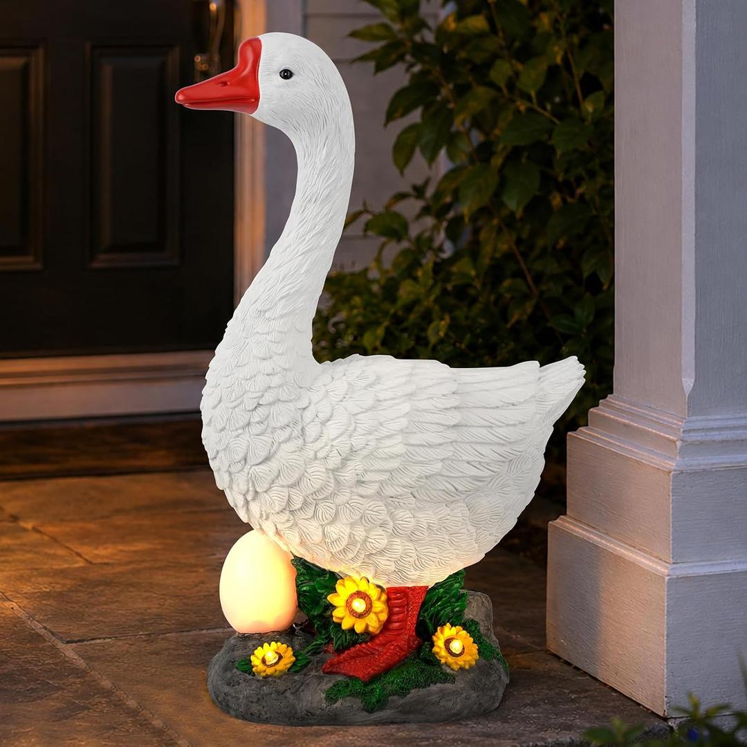 20 Inch Large Porch Goose Statue,Solar Garden Light,Weatherproof Resin, Outdoor Goose Statue & Hand-Painted Goose Decor for Yard Lawn