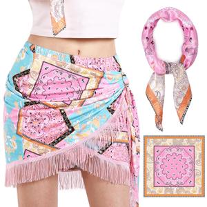 Wrap Skorts for Women, Casual Beach Mini Skirt with Silk 27" Square Scarf, Boho Beach Cover Ups for Swimwear (8-10, Pink)
