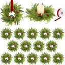 Aneco 16 Pieces Christmas Candle Rings Wreath with Ribbon 8.7 Inch Wreath Holder Pillar Candlestick Norfolk Pine Garland Artificial Red Berries Branch Pinecones Wreaths for Xmas Table Centerpiece