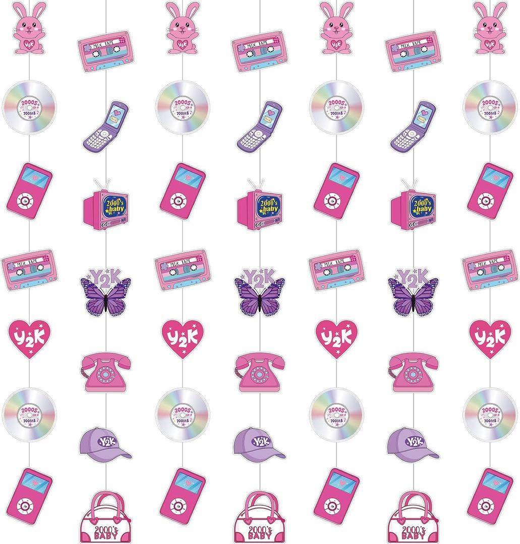 Spakon 8 Packs Y2k Party Decorations Pink Paper Banner Early 2000s Hanging Decor I Love 00's Paper Cutout Retro 2000s Garland for Birthday Female Bachelorette Party Supplies Decoration
