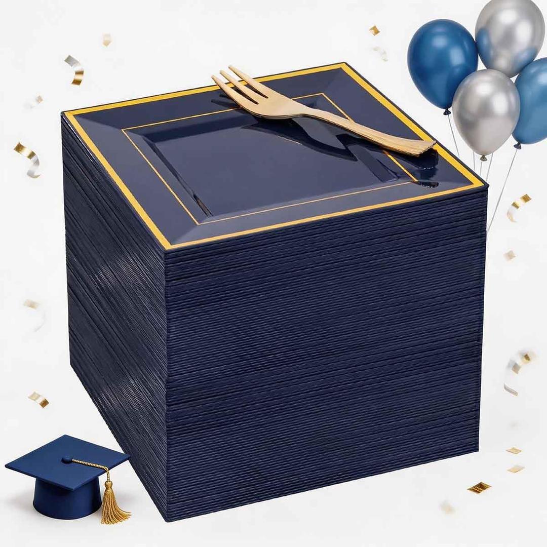 WDF 200PCS Blue Plastic Dessert Plates with Plastic Forks -6 100 Square Disposable Appetizer Plates Small Cake Plates with Gold&100 Navy Blue Small Appetizer Forks for Wedding/Birthday/Graduation
