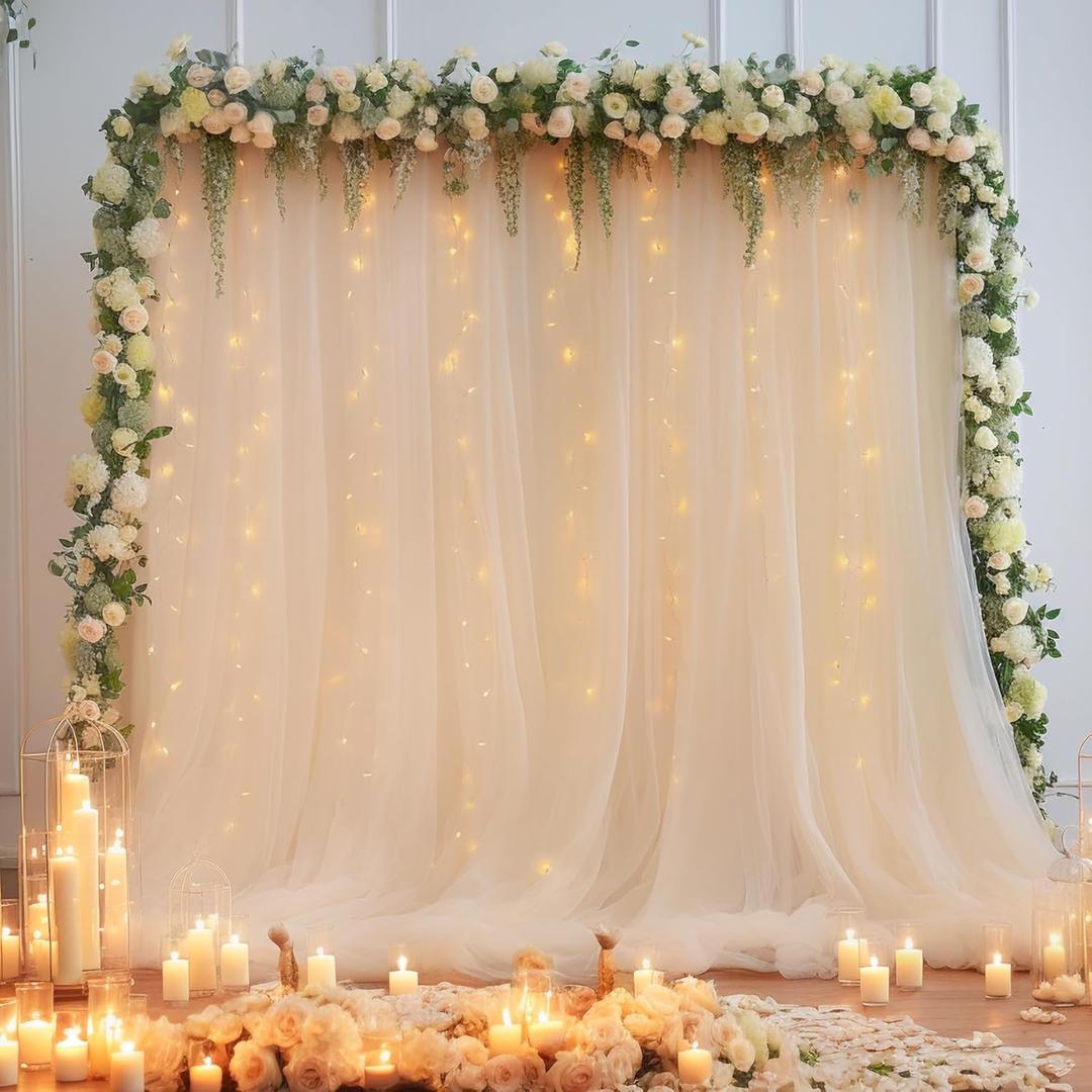 108ft Champagne Tulle Curtain Backdrop with Lights String for Parites, Sheer Backdrop Curtain Drapes for Wedding Photo Baby Shower Photography Birthday Party