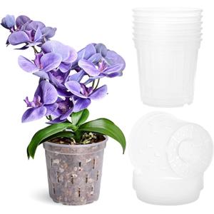 TRUEDAYS 6 Pack Orchid Pot with Saucers, 6 Inch Clear Orchid Pots with Holes, Plastic Planter with Trays, Breathable Slotted Orchids Planters for Indoor Outdoor Plants (6Inch-6Pack with 6 Saucers)