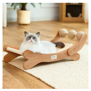 RizzQi Sisal Cat Scratcher Bed with 3 Toy Balls for Indoor Cats, Durable Wooden 3in1 Hammock Lounge & Scratch Pad  Modern Furniture for Large Cats, Scratching Post Lounger