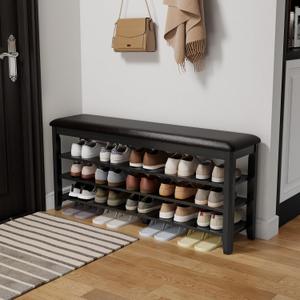 Shoe Bench with Leather Cushion, 3 Tiers Shoe Storage Bench Height Adjustable, Walnut Wood Entryway Bench for Hallway, Mudroom (47.2", Black)