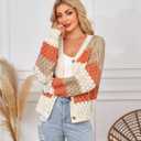 ECOWISH Women's Cropped Cardigan Sweaters 2025 Fall Striped Color Block Long Sleeve Button Up Knit Sweater Y2k Coats (Orange)