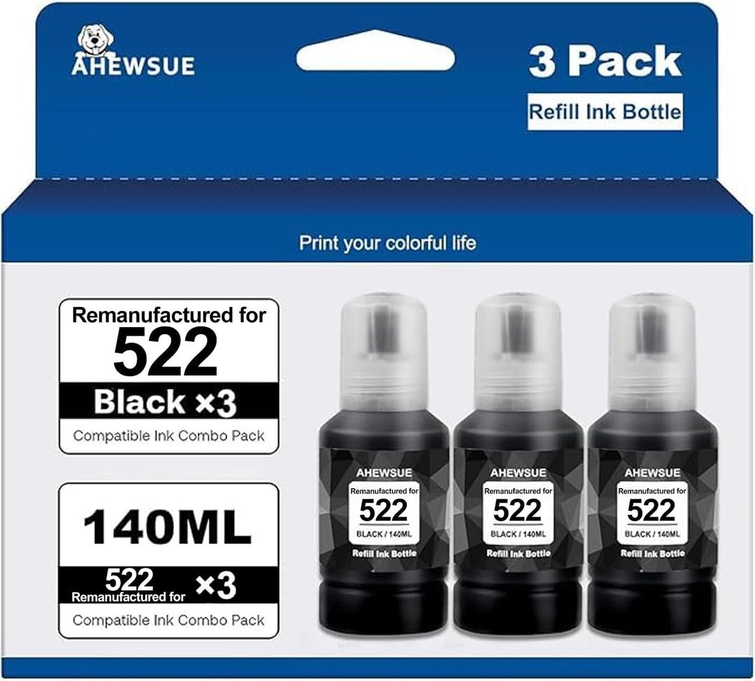 Pack of 3 AHEWSUE 522 Ink Refill Compatible for 522 Ink Refill Bottles, Black