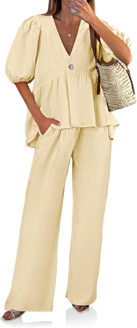 Tankaneo Womens 2 Piece Linen Sets Summer Vacation Outfits V Neck Puff Sleeve Babydoll Tops Wide Leg Pants Matching Sets