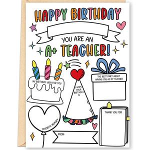 4 x FANCYLUCKY Fill In The Blanks Teacher Birthday Card, Happy Birthday Gift for Teacher from Student, Teacher Appreciation Birthday Gifts for Women Men