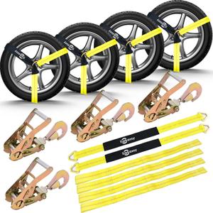 Trekassy Heavy Duty Car Tie Down Straps for Trailers (4PK), 2 Inch x 10 Feet (10,000lb Break Strength), 4 Pack Ratchets with Snap Hooks, 2 Pack 36" Axle Straps (Yellow)