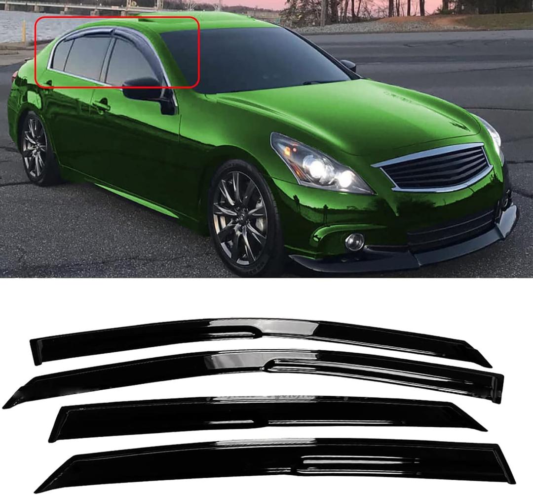 Tape-On Windows Visor 4-Piece for 2007 2008 2009 2010 2011 2012 2013 2014 2015 Infiniti G35 G37 Rain Guards Shield Shade Smoke (black)