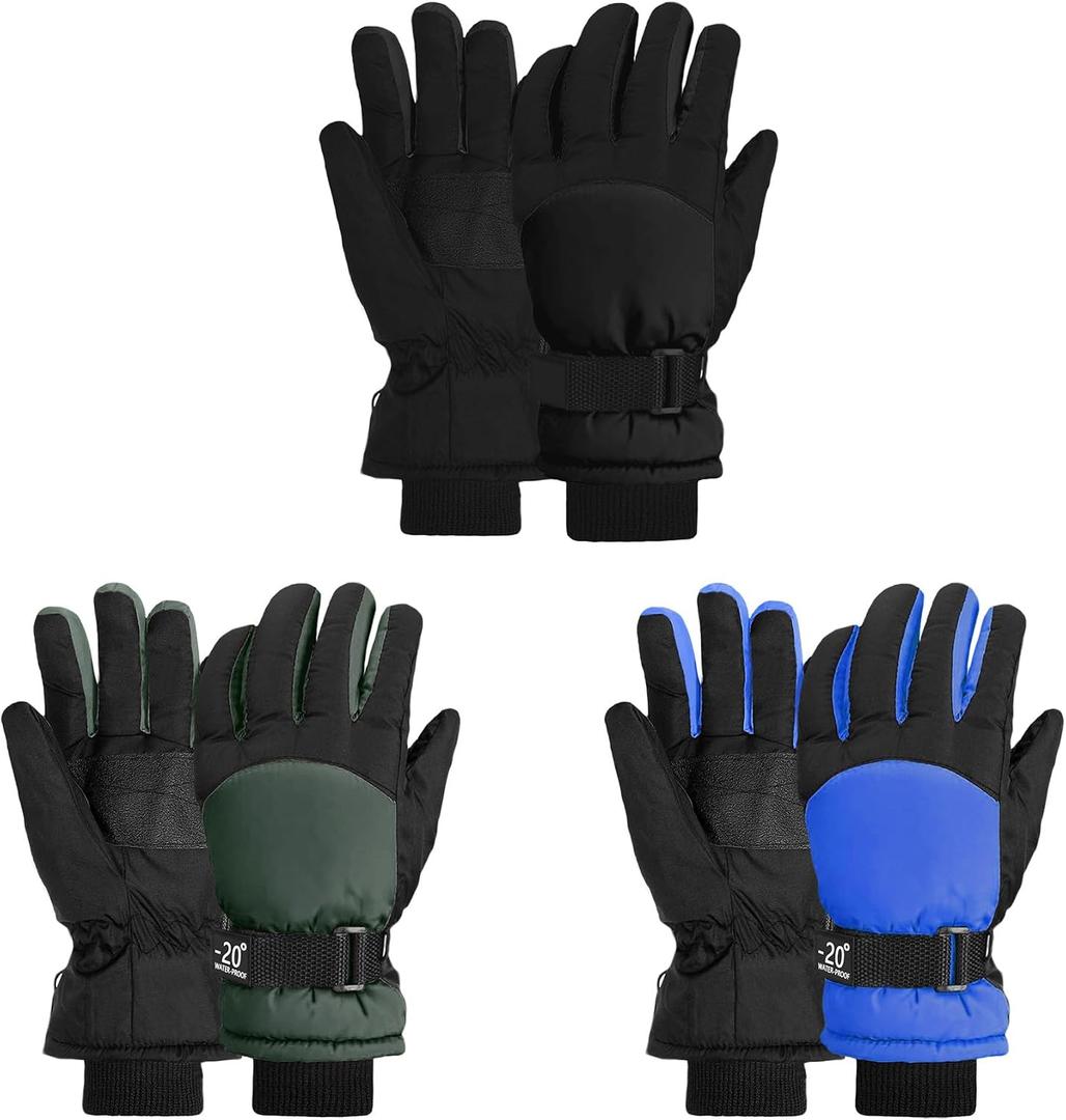 3 Pairs Winter Gloves for Kids Waterproof Snow Ski Gloves for Boys Girls Outdoor Toddler Mittens, 6-10 Years