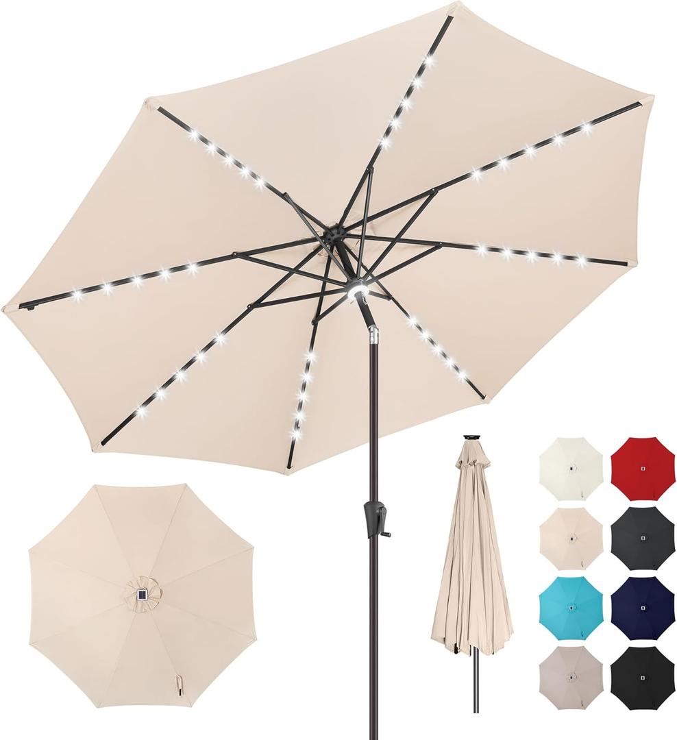 9ft Solar Umbrella Outdoor - Lighted Patio Umbrella with 40 LED Lights Waterprool Uv Protection, Table Umbrella with Tilt & Crank for Pool, Porch, Garden, Deck, Backyard(Beige)
