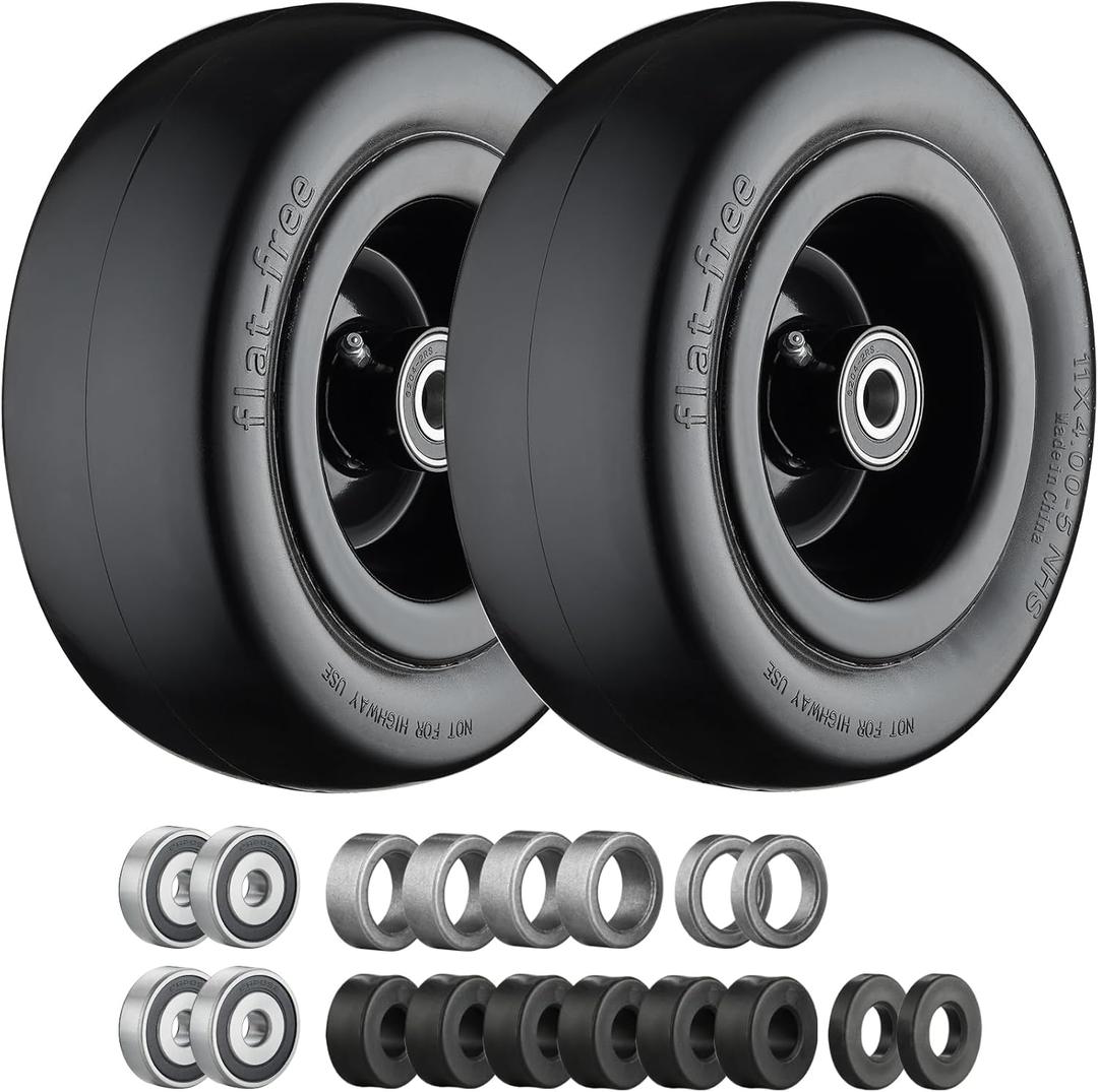 11x4.00-5 Lawn Mower Tires Flat Free with 3/4" or 5/8" and 1/2" Bearings, 3.6"-6.7" Centered Hub, Load 330lbs,11x4.00-5 Tire Zero Turn Front Tires- 2Pack